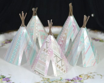 Edible Teepees 3D x5 Tribal Boho Pastels Tipi Wafer Paper Bohemian Wedding Cake Decorations Wild One 1st Rustic Birthday Cupcake Toppers