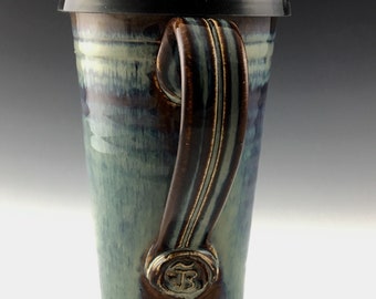 IN_STOCK Ships Same or Next Day Pottery Travel mug / Commuter mug with silicone lid - Natural-blue