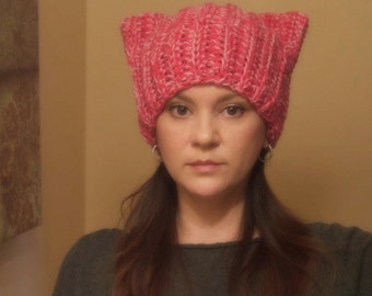 Pink Cat Hat-SHIPS QUICKLY- Pink Cat Ears Hat- Crochet Hat-Womens Pink Cat hat