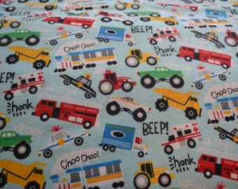 Snuggle Flannel Beep Honk Vroom Bright Colored Trucks Cars on White Print Fabric By the Yard Kids Baby Children Sewing Quilting
