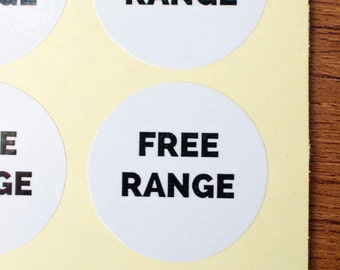 34mm free range stickers white glossy paper black ink 90pcs
