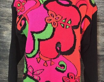 Ugly Sweater Party Womens Medium Bright Pink Orange Green Black Mexx Europe Chenille Vintage 1980s