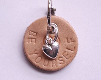 Round, beige leather Keychain "Be Yourself" with heart "