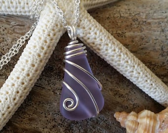 Made in Hawaii, Wire wraped "Magical Color Changing" Purple sea glass necklace
