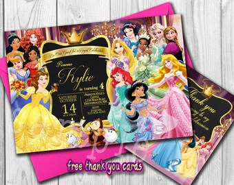 Princess Invitation, Princess Birthday Invite, personalized, Belle, Cindrella, Snow white, Jasmine, Free thank you Cards, Digital File