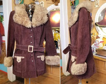 Vintage 70s brown suede shearling coat