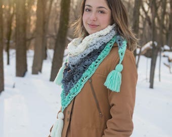 Ombre grey shaded turquoise triangle crochet shawl