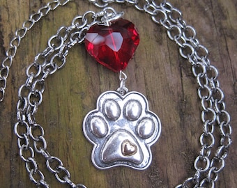Dog Paw Print Crystal Red Heart Pendant Necklace