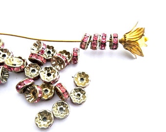 6 Rondelle beads 8mm, vintage Swarovski rondelle beads pink crystal rhinestone on silver color base spacer beads