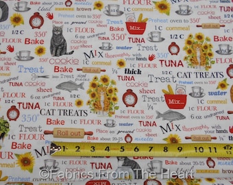 Everything Favs Baking Cats Sunflowers on White BY YARDS Robert Kaufman Fabric