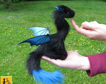 Pet Dragon posable doll black blue wings faux fur handmade fantasy creature animal posable Jerseydays