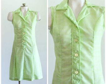 1960s lime green sleeveless plaid dress