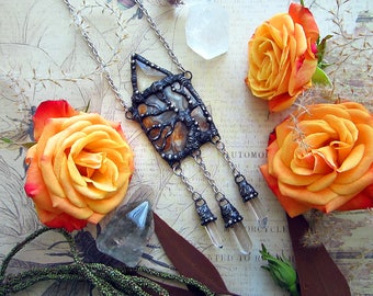 Necklace "Bewitched Tree" with beautiful crazy lace agate, faceted glass, and quartz crystal points. Custom length stainless steel chain.