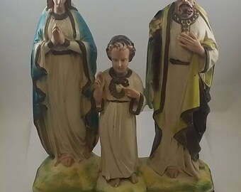 Vintage Plaster Holy Family Statue -- Jesus, Mary, Joseph, 1940s or 1950s, 12 inches tall, Shabby, Chippy, Christian Devotional Display