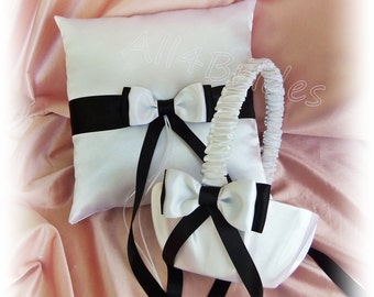 Black and White Wedding Ring Bearer Pillow and Flower Girl Basket, weddings decorations, ceremony