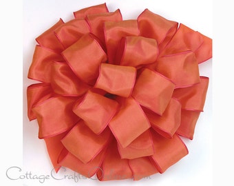 Wired Ribbon, 1 1/2" wide, Orange Pink Taffeta, THREE YARD ROLL, Offray "Charisma" Punch Cross Weave Craft Decor Wire Edged Ribbon