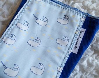 Baby burp cloth - narwhals and whales dark blue hand dyed burp cloth