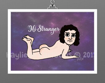 game of thrones, jon snow, hi stranger, illustration, kit harington, game of thrones art, funny gift, caricature, giclee print, got print