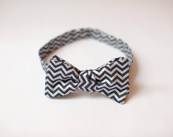 Navy Blue and Silver Chevron Bow Tie
