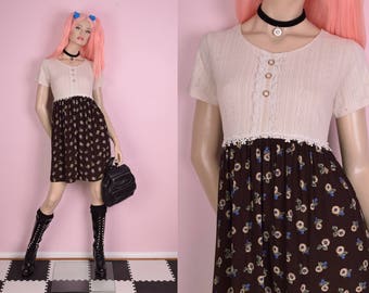 90s Floral Print Dress/ Medium/ 1990s/ Short Sleeve