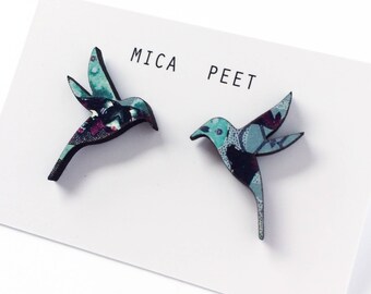 Hummingbird Wooden Earrings - Wooden Bird Earrings Bird Jewellery Bird Studs Laser Cut Bird - Blue Pattern