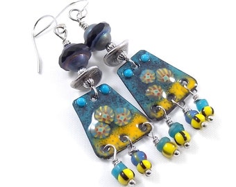 Handmade Blue and Yellow Enameled Earrings, Silver Earrings, Murini Earrings, Artisan Earrings, Boho Earrings, Antique Silver - AE172