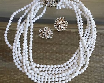 Vintage SANDOR set strands milk glass necklace and clip on earrings