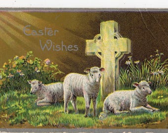 Easter Greetings Vintage Postcard - Cross and lambs