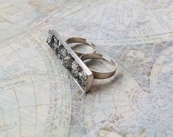 Silver Pyrite two finger ring, two finger statement ring, double finger ring, knuckle ring, one of a kind ring, Pyrite Statement Ring
