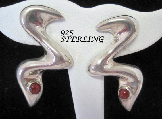 Sterling Modernist Earrings, Elsa Mexico 925, Snake Style, Carnelian Setting - Pierced Earrings