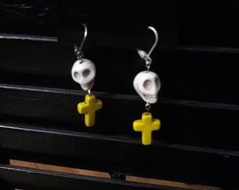 Yellow Cross with White Skull Earrings