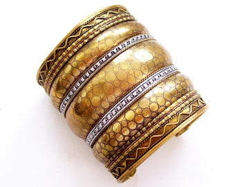 Huge Vintage Brass Silver Cuff Bracelet, Mixed Metals Cuff Bracelet, Boho Bracelet, Textured Wide Cuff, Boho Cuff, Wide Brass Cuff