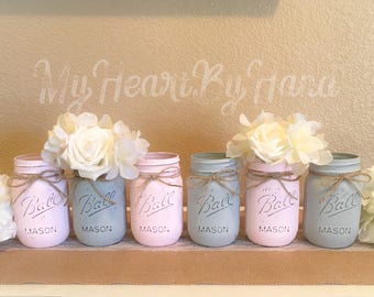 Pink and Gray Baby Shower Centerpieces, Elephant Baby Shower Decor, Rustic Wedding Centerpieces, Farmhouse Decor, Painted Mason Jars, Girl
