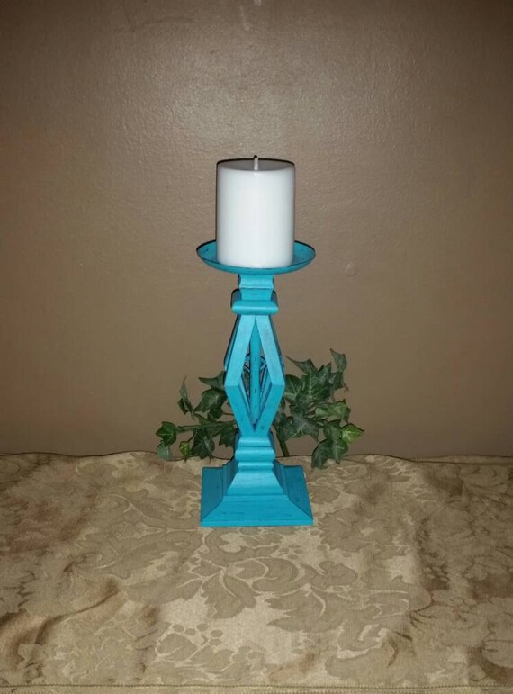 Aqua Candle Holder Aqua Painted and Distressed Wooden Candle