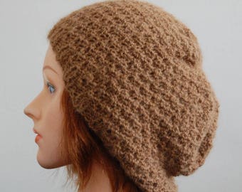 Natural RIAF Soft Warm Hand Crafted Alpaca Slouchy Beanie Hat, Brown