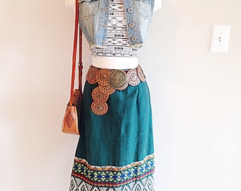 Vintage Green Embroidered Guatemalan Ethnic Tribal Skirt