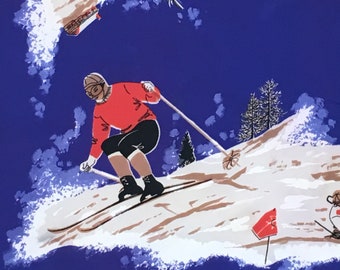 Vintage 1950s 1960s Novelty Print Scarf - Winter Sports