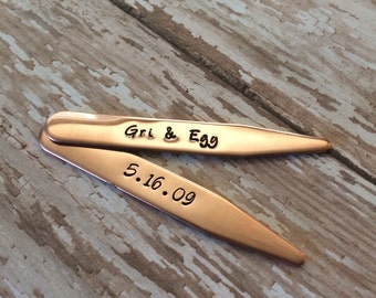 Custom handstamped collar stays, stamped copper stiffeners, copper collar stays, copper anniversary gift, gift for him, 7th anniversary gift