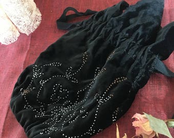 Antique Reticule, Black Velvet Drawstring Purse. Green Silk Lining, Attached Mirror. Ribbon Drawstring. Steel Cut Bead Design.