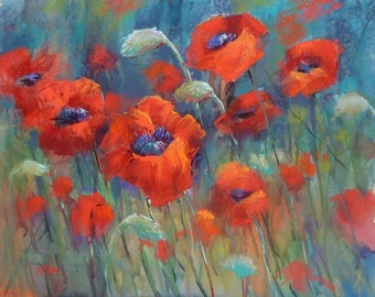 Original Pastel Painting Poppy Red Poppies floral 18x24 by Karen Margulis psa