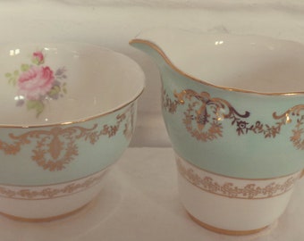 Very Pretty Leonard St Pottery Aqua Turquoise and Gold Detail Bone China Creamer and Sugar Bowl - Perfect for afternoon, vintage tea set