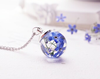 Forget me not necklace, Real flower necklace, Dried flower necklace, Nature necklace, Terrarium necklace, Botanical necklace, Plant necklace