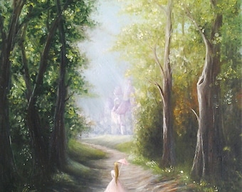 Original Fairytale Oil Painting Princess Amrela Green Forest Princess Room Decor *Forest Princess*