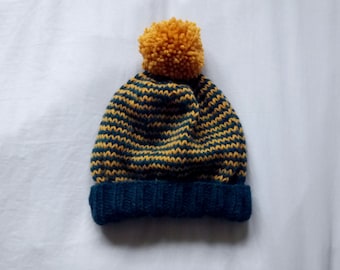 Knit Beanie Hat in Navy Blue and Mustard // Slouchy Knit Winter Hat with Pom Pom