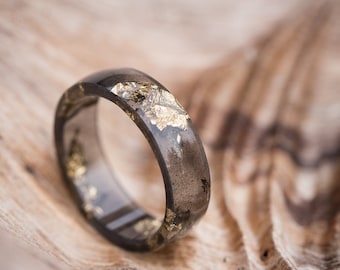 Black Resin Ring Men Ring Gold Flakes Big Size 12 Size 10 Smooth Ring OOAK for him dark gray minimalist jewelry