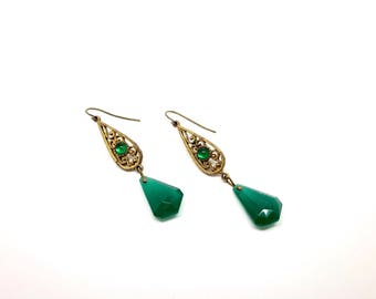 Vintage Brass Earrings with Czech Glass, c. 1950.