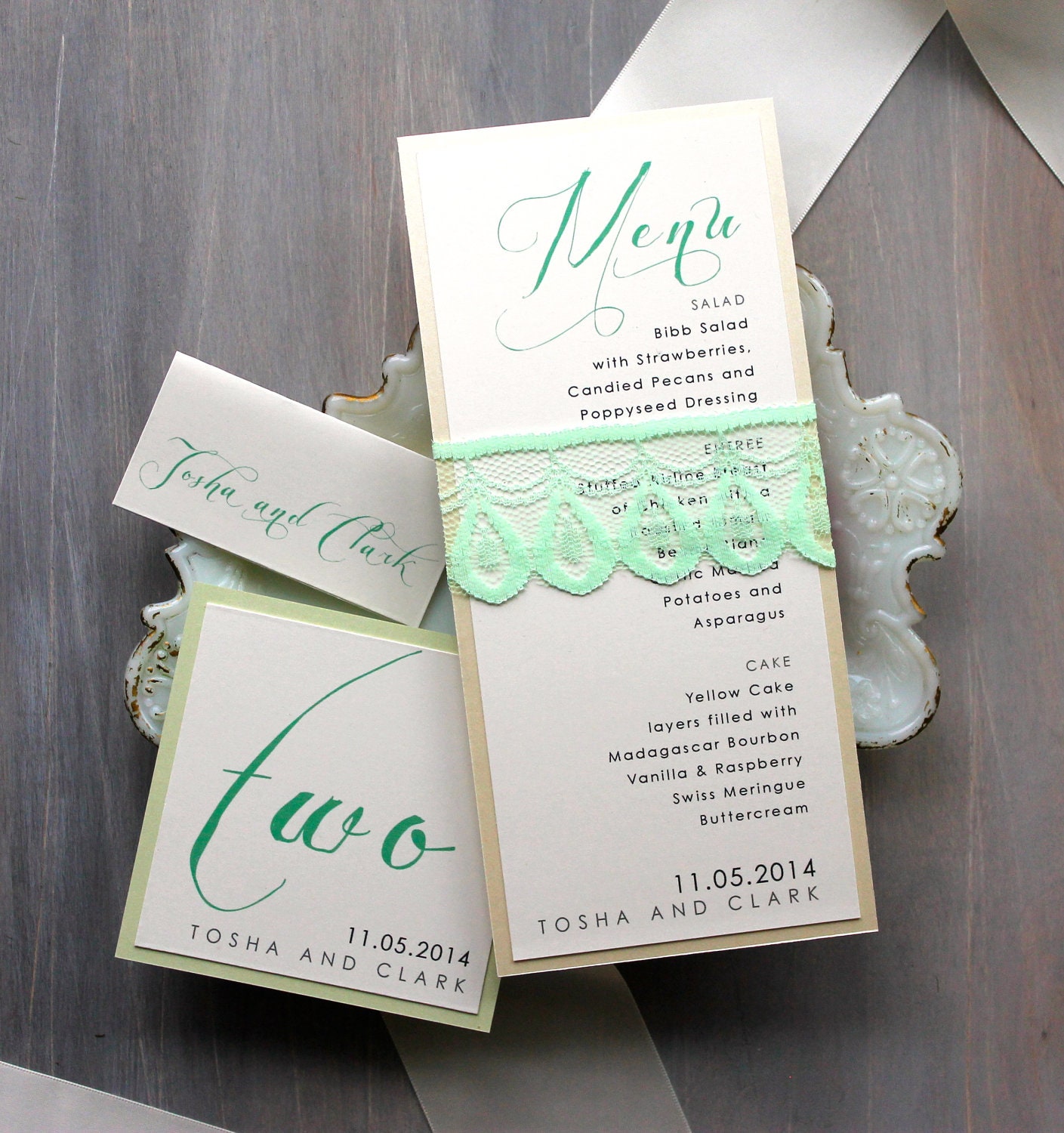 mint green wedding elegant wedding menu card calligraphy