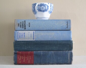 Decorative Books Set, Book Bundle, Farmhouse Books, Blur Decor, Primitive Decor, Rustic Stack of Books, Blue Books, French Country Decor