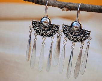 Tribal ethnic earrings, Statement jewelry, Oriental boho dangle earrings, silver jewelry, exclusive Estibela design, half moon, teardrop.