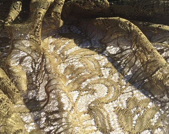 Olive Green Floral Lace Fabric from 1980s